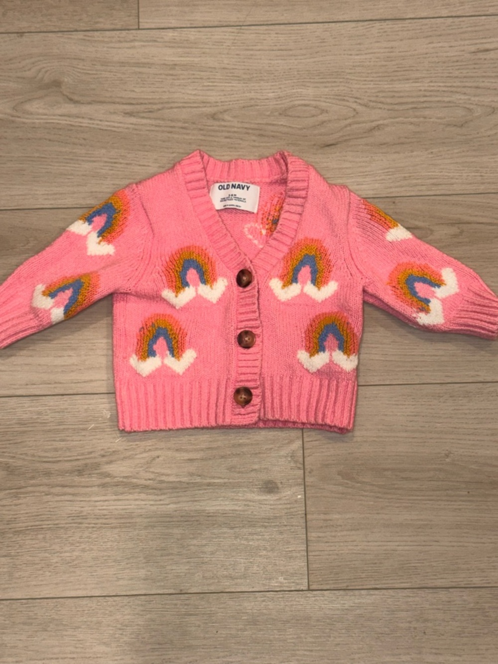 Old Navy Pink Rainbow Knit Cardigan with Multicolor Motifs 3-6m